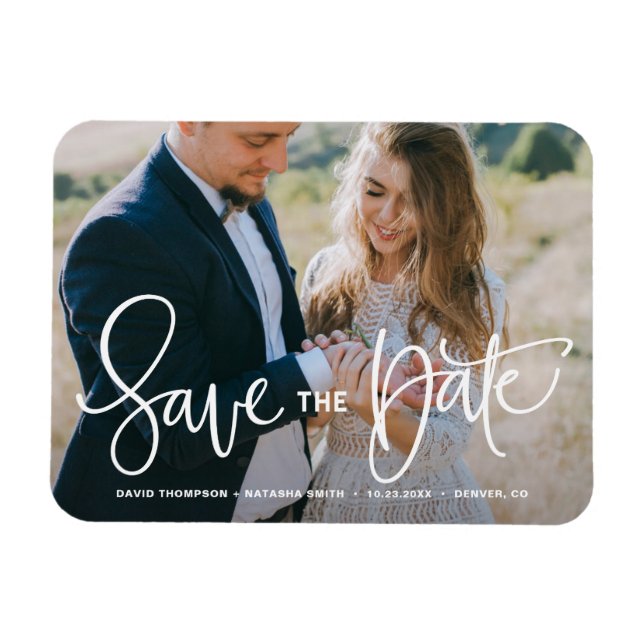 White Pretty Hand Lettering Photo Save the Date Magnet (Horizontal)
