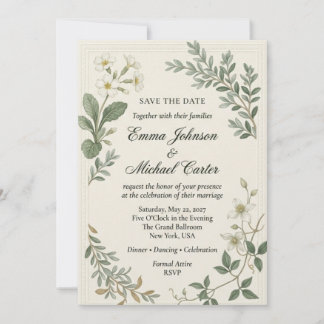 White Primroses, Clematis, Foliage Sprigs, Beaded  Invitation