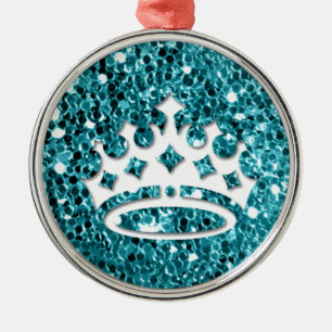 White Princess Crown on Aqua Glitter Look Metal Ornament
