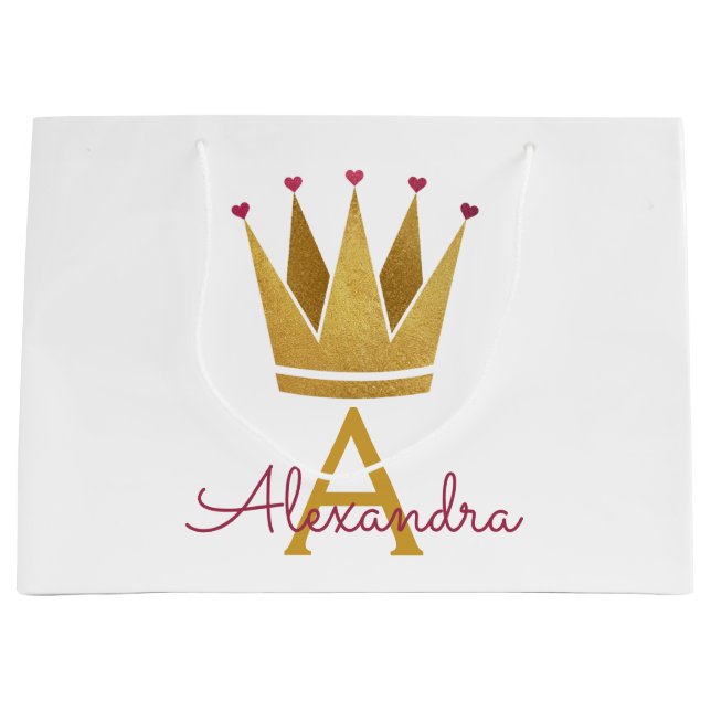 White Princess Crown Rose Gold Blush Pink Large Gift Bag (Front)