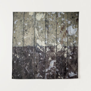 White print on brown wood tapestry
