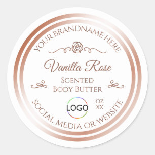 White Product Label with Rose Gold Frame and Logo