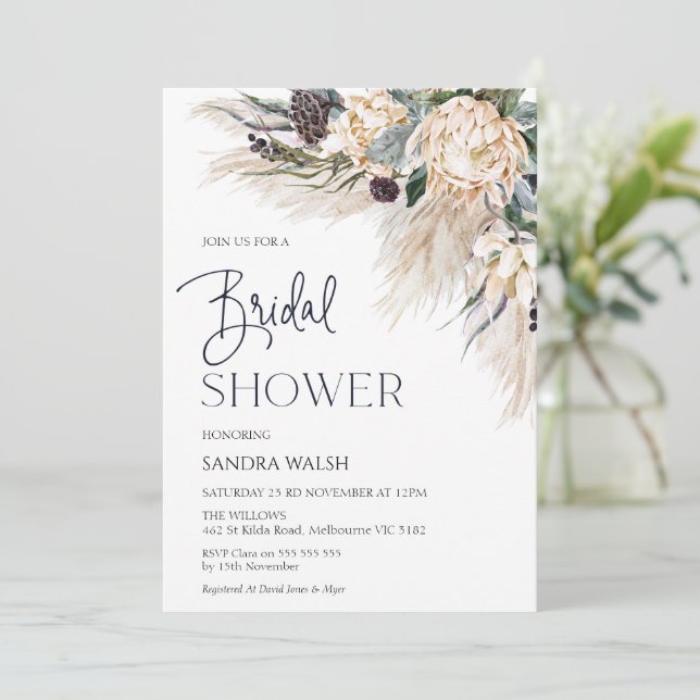 White Protea Pampas Grass Bridal Shower Invitation (Standing Front)