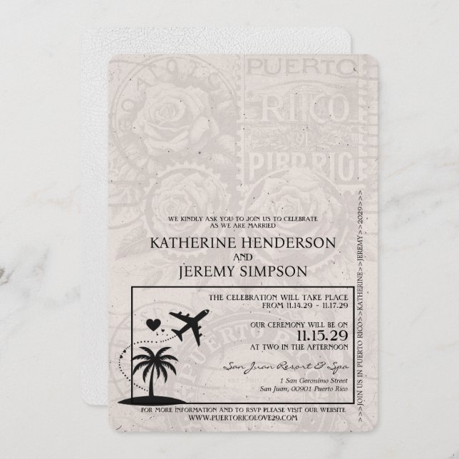 White Puerto Rico Passport Wedding Invitation (Front/Back)