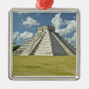 White puffy clouds over the Mayan Pyramid Metal Ornament