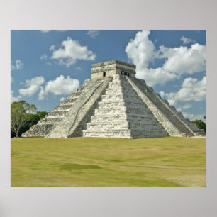 White puffy clouds over the Mayan Pyramid Poster