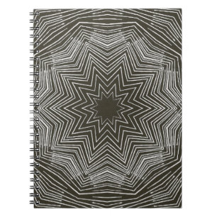 White Pulsating Star Kaleidoscope Pattern on Black Notebook