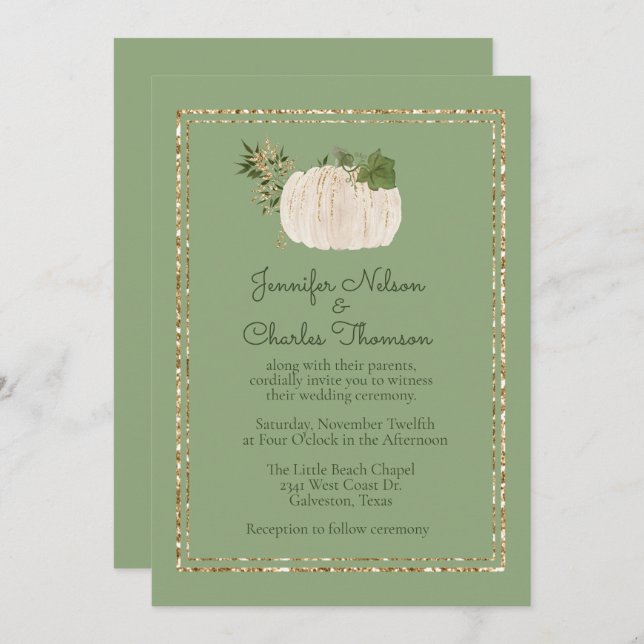 White Pumkin Green Wedding Invitation (Front/Back)