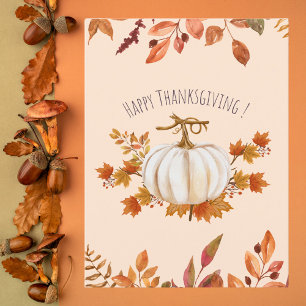 White Pumpkin and Autumn Leaves Thanksgiving Holiday Postcard