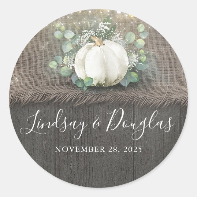 White Pumpkin and Baby's Breath Rustic Country Classic Round Sticker (Front)