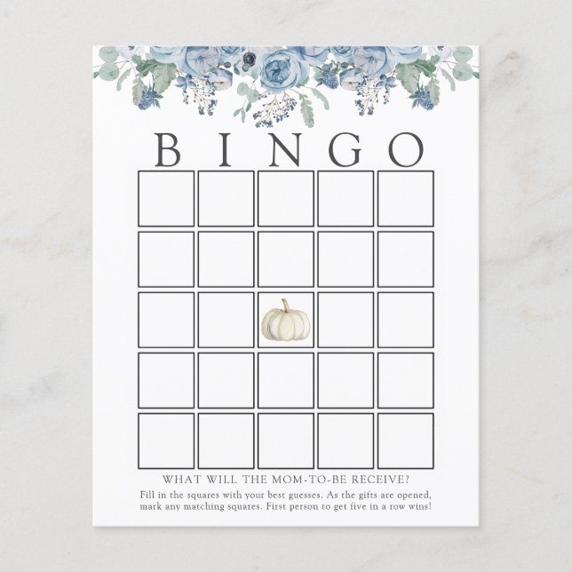 White Pumpkin and Blue Floral Baby Bingo Game Card (Front)