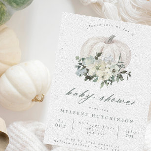 White Pumpkin and Flowers Baby Shower Invitation