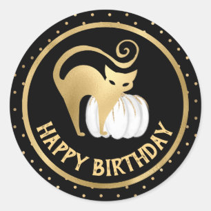 White Pumpkin and Gold Cat polka dots Birthday Classic Round Sticker