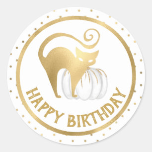 White Pumpkin and Gold Cat polka dots Birthday Classic Round Sticker
