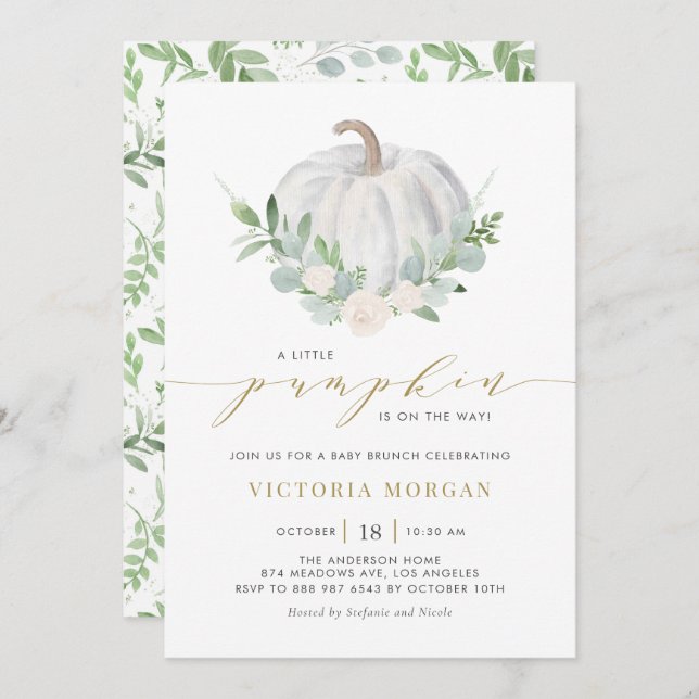 White Pumpkin and Greenery Fall Baby Brunch Invitation (Front/Back)