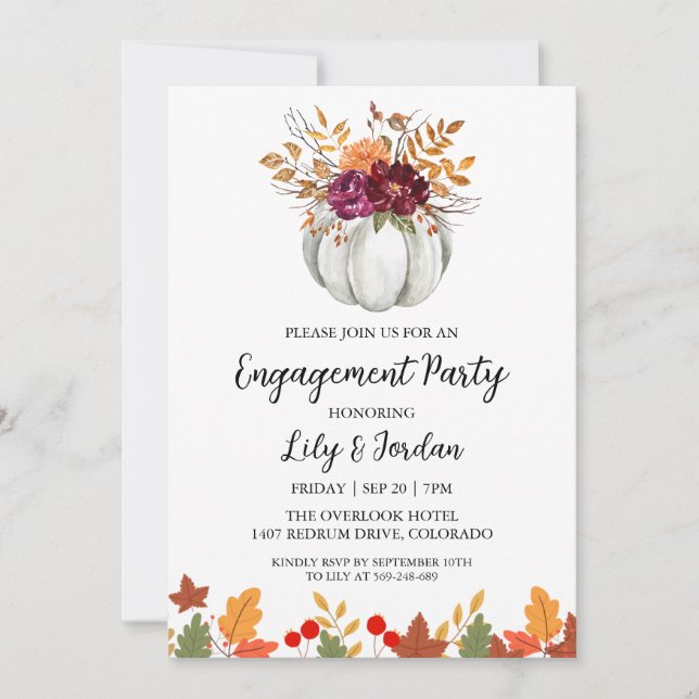 White Pumpkin and Greenery Fall Engagement Party Invitation (Front)
