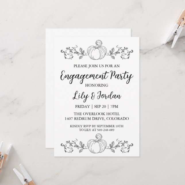 White Pumpkin and Greenery Fall Engagement Party Invitation (Front/Back In Situ)