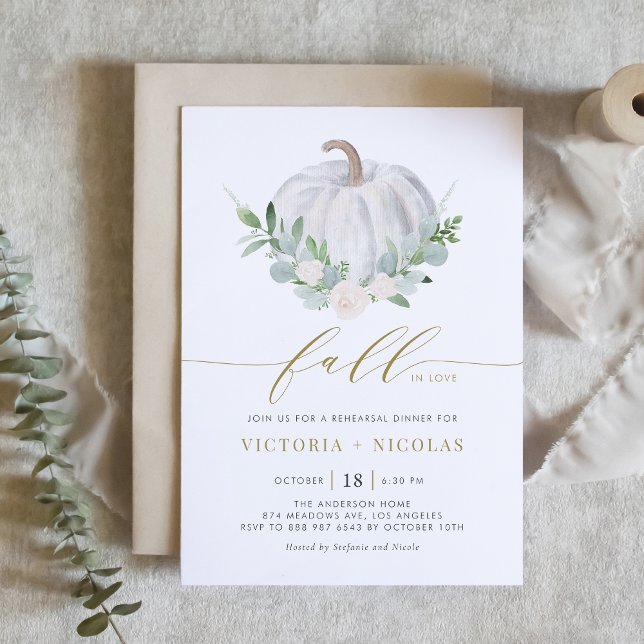 White Pumpkin and Greenery Fall Rehearsal Dinner Invitation (Creator Uploaded)