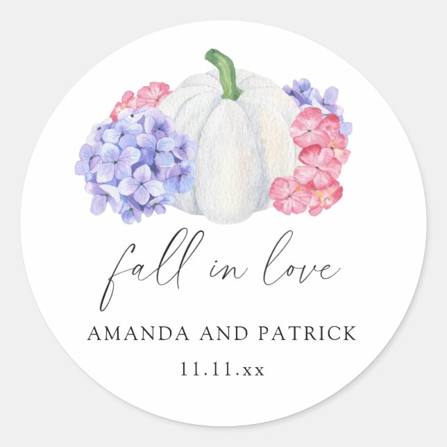 White pumpkin and hydrangea flowers wedding classic round sticker (Front)