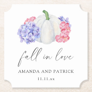 White pumpkin and hydrangea flowers wedding paper coaster