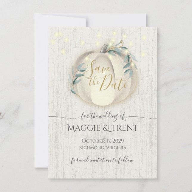 White Pumpkin and String Lights Save the Date (Front)