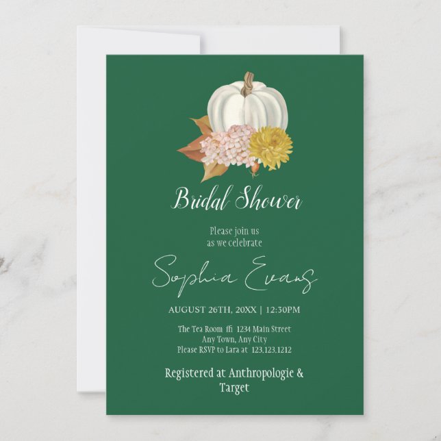 White Pumpkin Autumn Green Bridal Shower Invitation (Front)