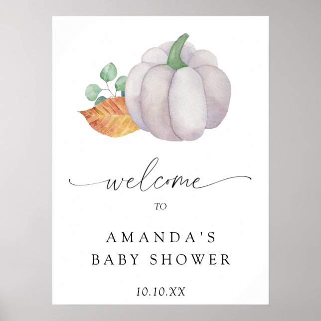 White pumpkin autumn welcome baby shower party poster (Front)