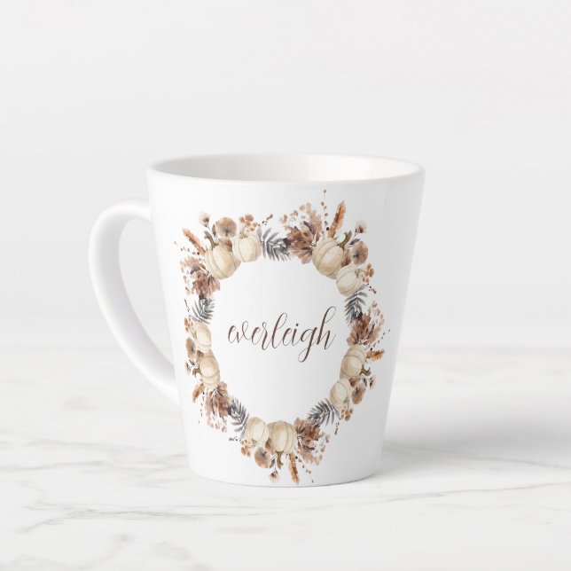 White Pumpkin Autumn Wreath Script Name Latte Mug (Left Angle)