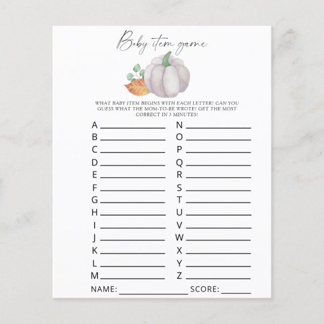 White pumpkin - Baby Item Game. Baby Shower Game (Front)