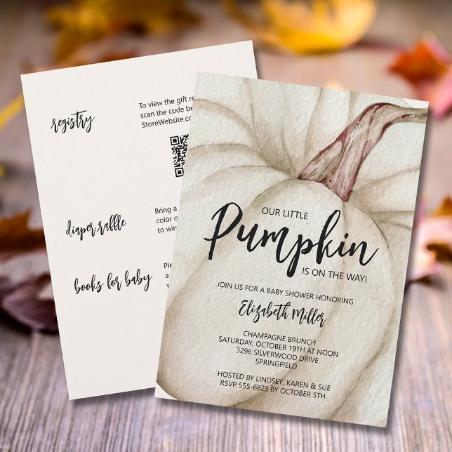 White Pumpkin Baby Shower All In One Invitation (White pumpkin baby shower all in one invitations,  registry, diaper raffle & books for baby on back)