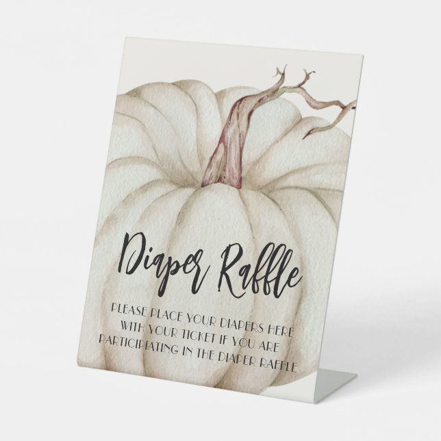 White Pumpkin Baby Shower Diaper Raffle Pedestal Sign (Front)