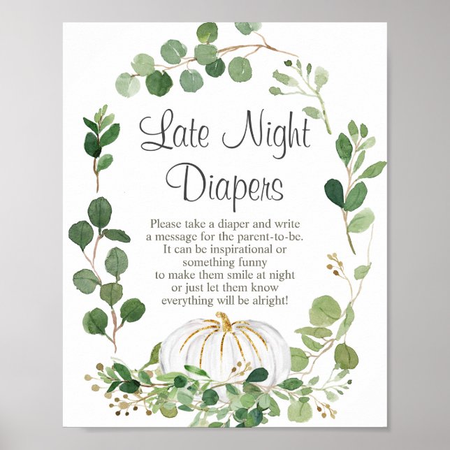White Pumpkin Baby Shower Night Diapers Sign (Front)