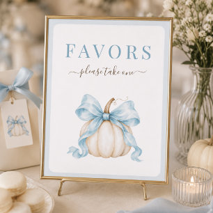 White Pumpkin Blue Bow Baby Shower Favours Sign
