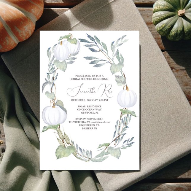 WHITE PUMPKIN Bridal Shower Invite (Fall bridal shower invitations watercolor white pumpkin with sage green. Shop online for printable )