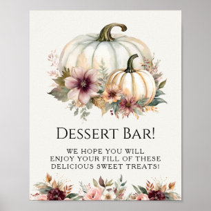 White Pumpkin Burgundy Fall Floral Dessert Sign