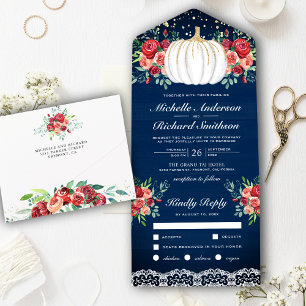 White Pumpkin Burgundy Floral Navy Blue Wedding All In One Invitation