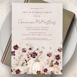 White Pumpkin Burgundy Wildflower 40th Birthday  Invitation