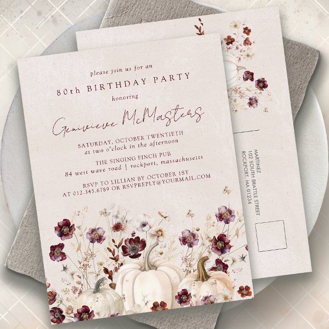 White Pumpkin Burgundy Wildflower 80th Birthday Invitation Postcard (Creator Uploaded)