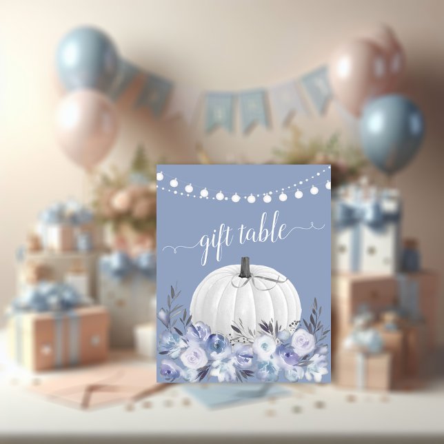 White Pumpkin Dusty Blue Baby Shower Gift Table Poster (Creator Uploaded)