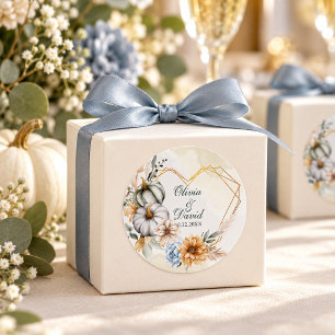 White Pumpkin Dusty Blue Heart Wedding Favour Classic Round Sticker