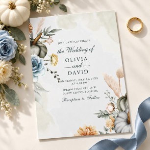 White Pumpkin Dusty Blue Sage Floral Fall Wedding Invitation