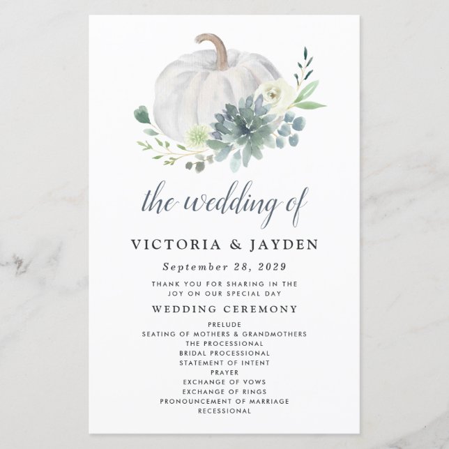 White Pumpkin Elegant Succulent Wedding Programs (Front)
