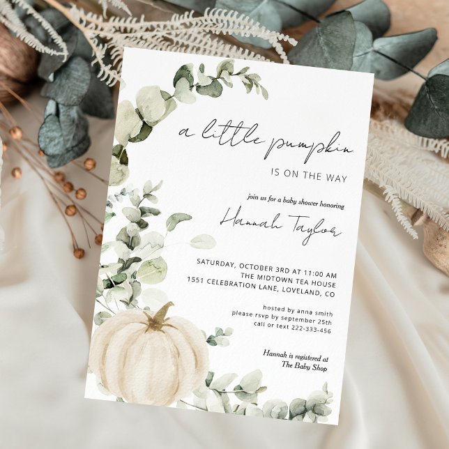 White Pumpkin Eucalyptus Fall Baby Shower Invitation (Creator Uploaded)
