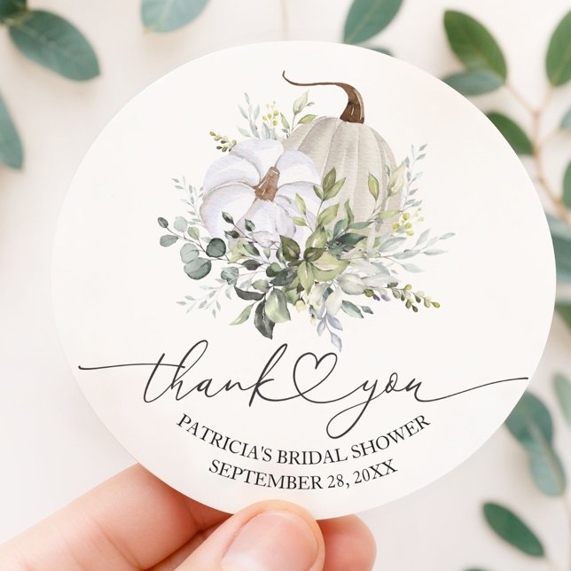 White Pumpkin Eucalyptus Fall Bridal Shower Favour Classic Round Sticker (Creator Uploaded)