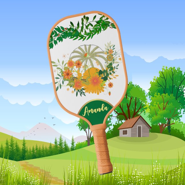 White Pumpkin Fall Colours Green Foliage Botanical Pickleball Paddle (White Pumpkin Fall Colors Green Foliage Botanical Pickleball Paddle)