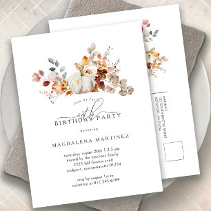 White Pumpkin Fall Flowers 40th Birthday Party  Invitation Postcard