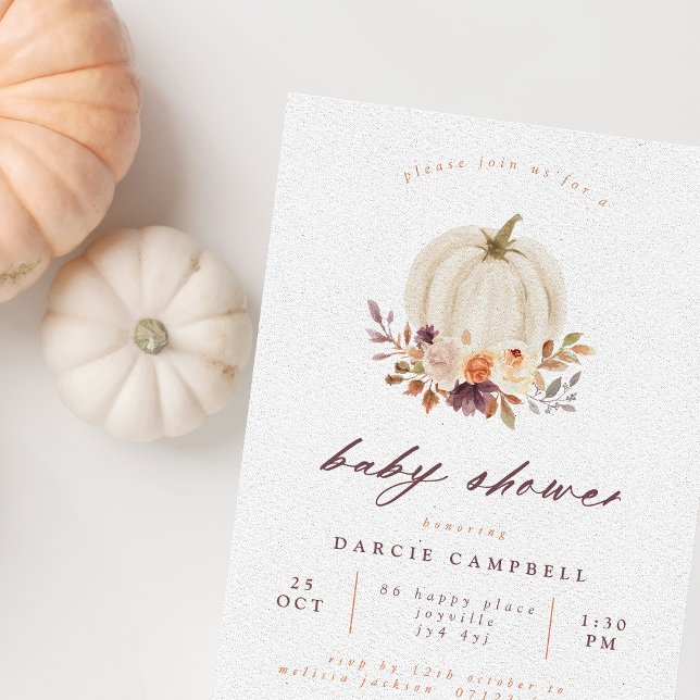 White Pumpkin & Fall Flowers Baby Shower Invitation (Creator Uploaded)