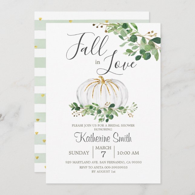 White Pumpkin Fall in Love Bridal Shower Greenery Invitation (Front/Back)