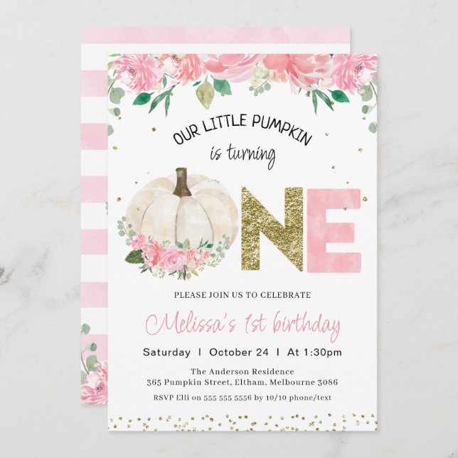 White Pumpkin Floral Gold Word 1st Birthday Invitation (Front/Back)