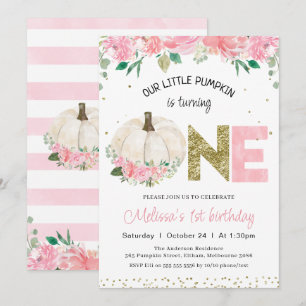 White Pumpkin Floral Gold Word 1st Birthday Invitation